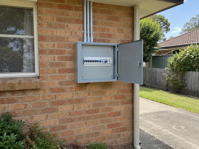 Open electrical switchboard mounted on a brick house wall beside a window and downpipe in Floraville